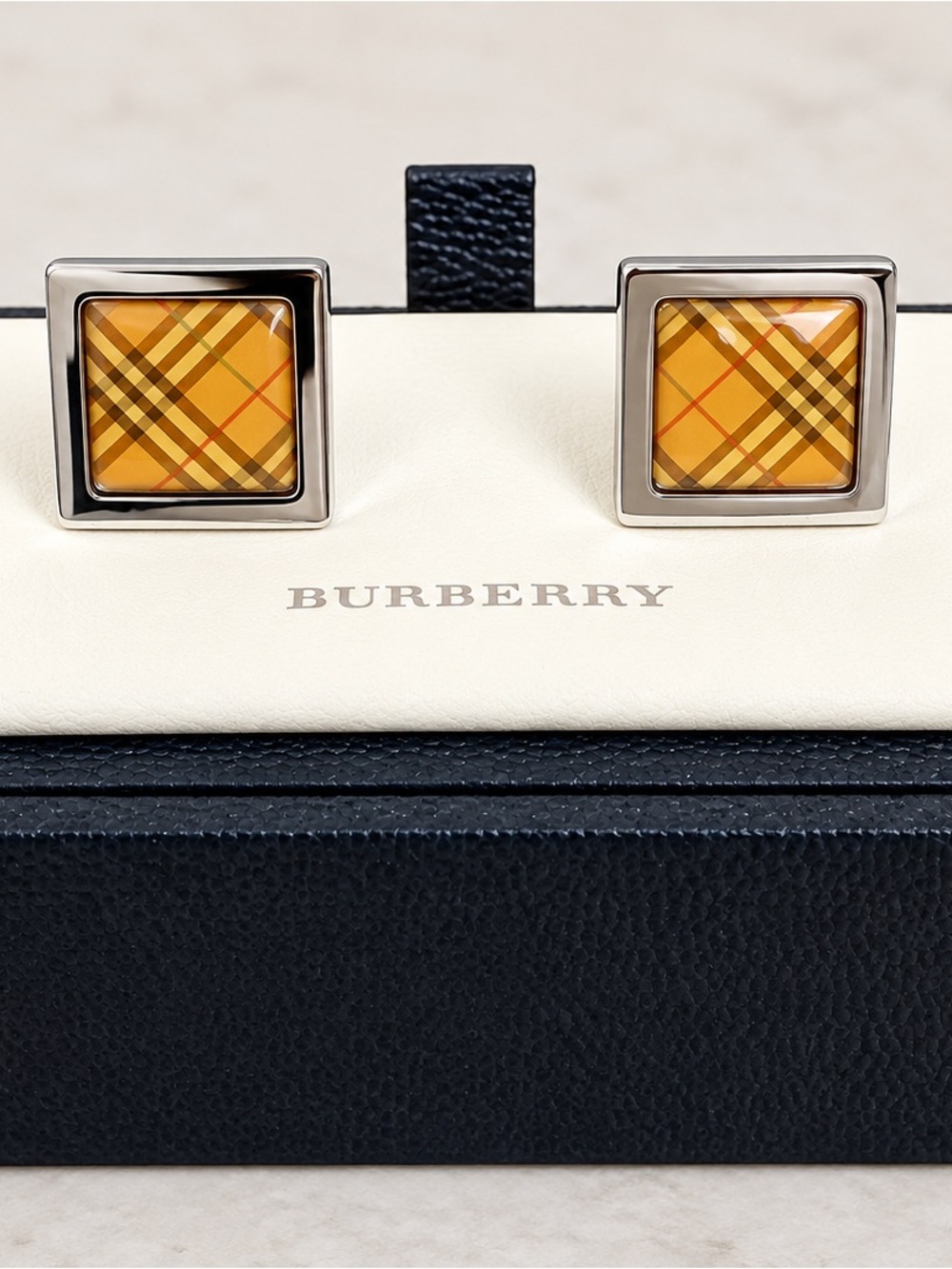 Burberry Check Enamel Cufflinks w/ Original Box